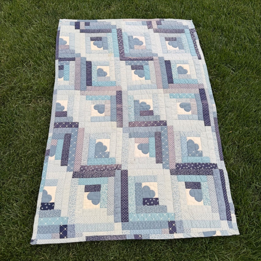 Handmade Blue Heart Log Cabin Patchwork Quilt Baby Blanket 29x45 Vintage Style